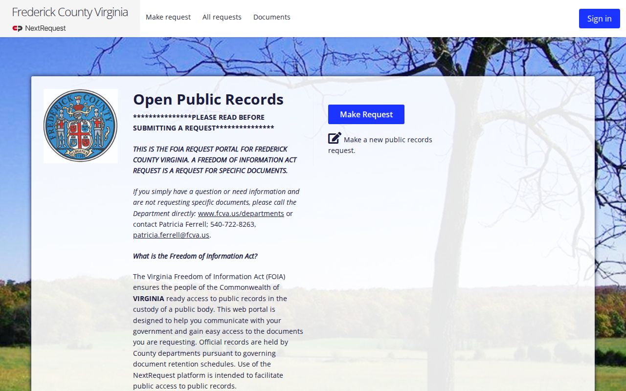 Frederick County public-record portal for a 72 hour release record request