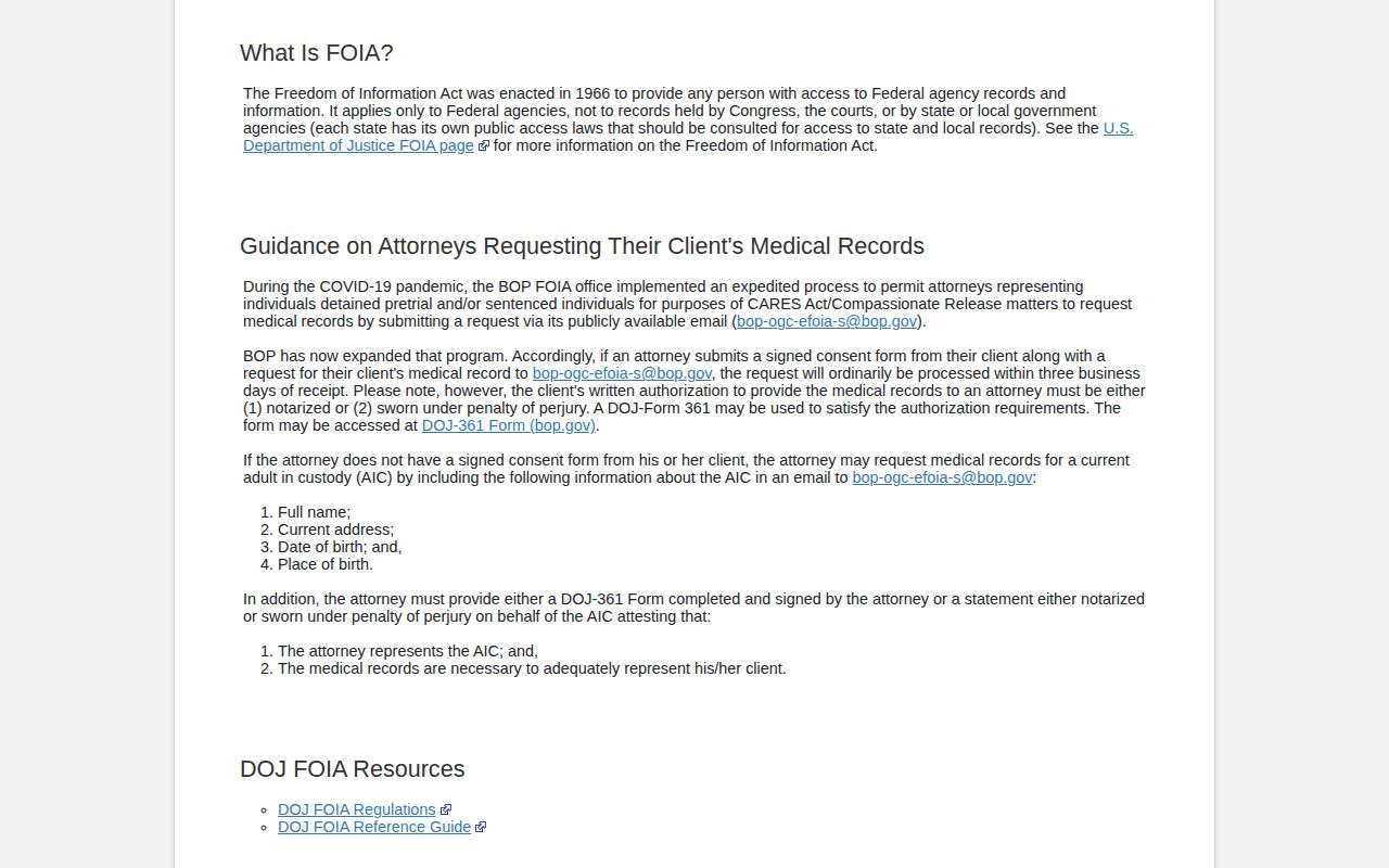 Federal Bureau of Prisons historical release record request for Frederick County