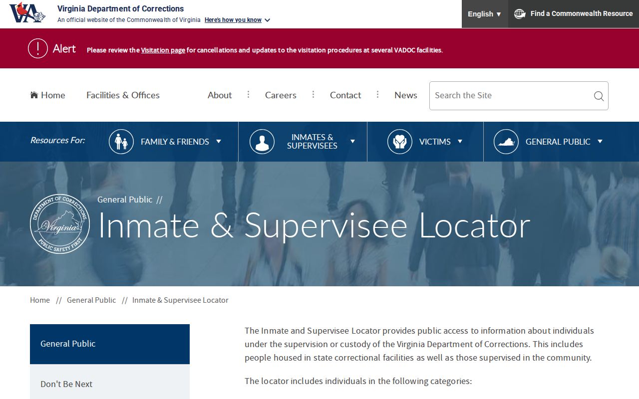 Virginia Department of Corrections inmate and supervisee locator entry page